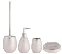 MSV Badezimmer Set, 4-teiliges Badzubehör Aus Keramik Oman, Seifenspender, WC Bürste, Seifenschale Und Zahnputzbecher Silber