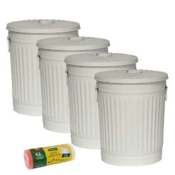 Jinfa 4er-Set Retrodesign Mülleimer Mit Griffen Und Deckel + 30 Müllbeutel | Cremeweiß | 62L